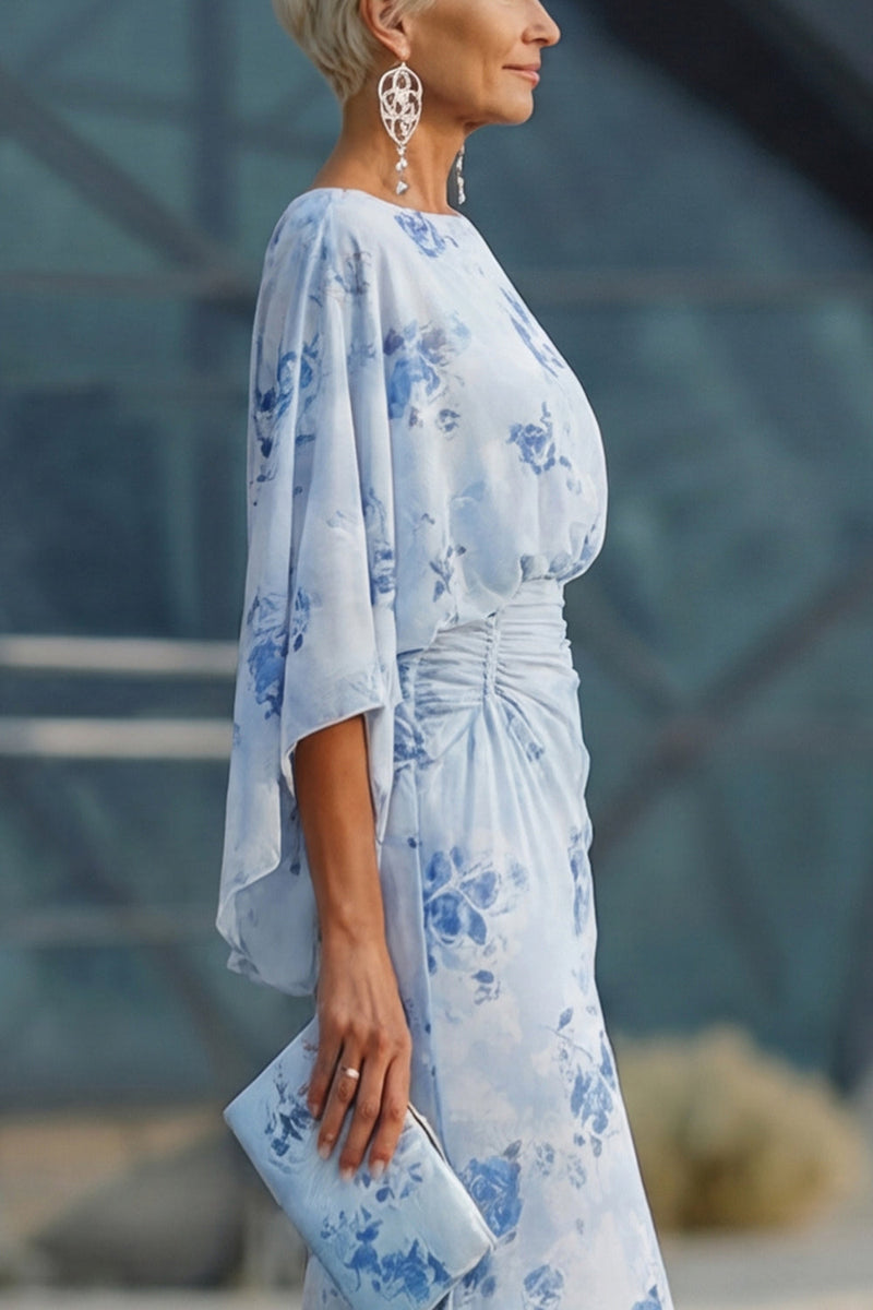 Laden Sie das Bild in den Galerie-Viewer, Blaue Blume Bateau-Halsscheide Lange Mutter-der-der-Braut-Kleid mit halben Ärmeln