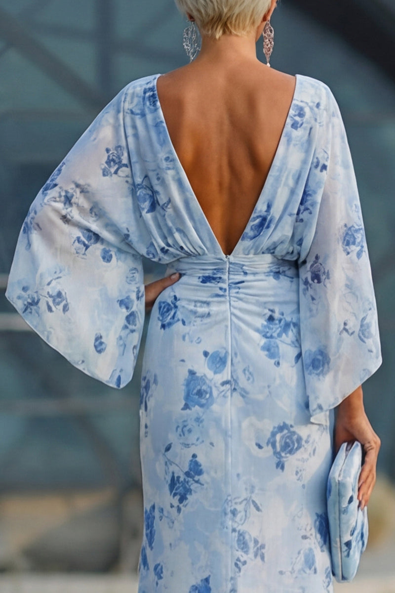 Laden Sie das Bild in den Galerie-Viewer, Blaue Blume Bateau-Halsscheide Lange Mutter-der-der-Braut-Kleid mit halben Ärmeln