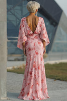 Laden Sie das Bild in den Galerie-Viewer, Dusty Rose Blumen Chiffon Mutter der Braut Kleid mit ausgestellten Ärmeln