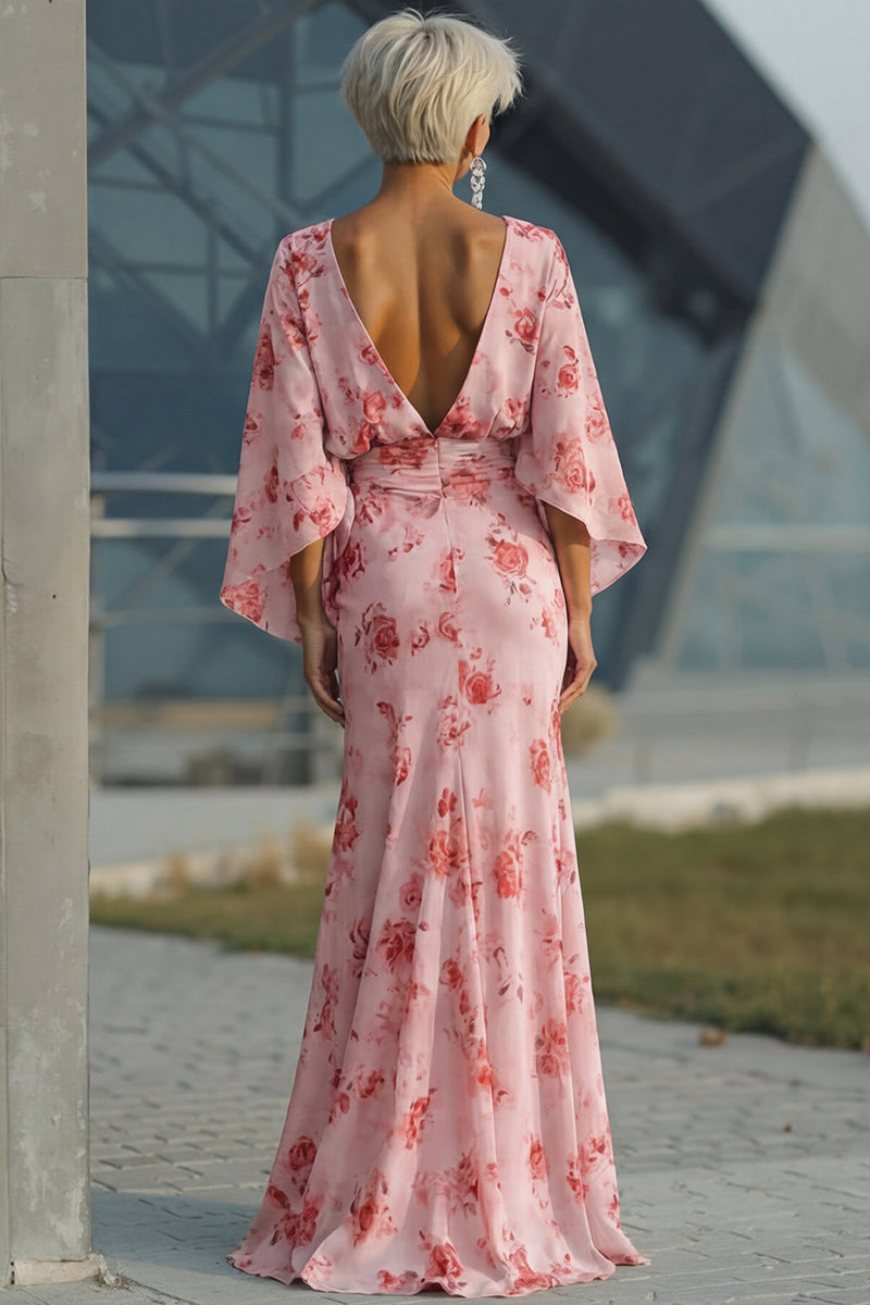 Laden Sie das Bild in den Galerie-Viewer, Dusty Rose Blumen Chiffon Mutter der Braut Kleid mit ausgestellten Ärmeln