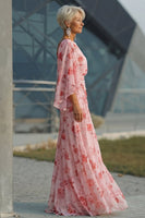 Laden Sie das Bild in den Galerie-Viewer, Dusty Rose Blumen Chiffon Mutter der Braut Kleid mit ausgestellten Ärmeln