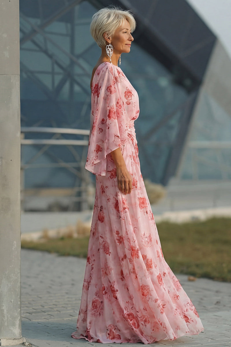 Laden Sie das Bild in den Galerie-Viewer, Dusty Rose Blumen Chiffon Mutter der Braut Kleid mit ausgestellten Ärmeln
