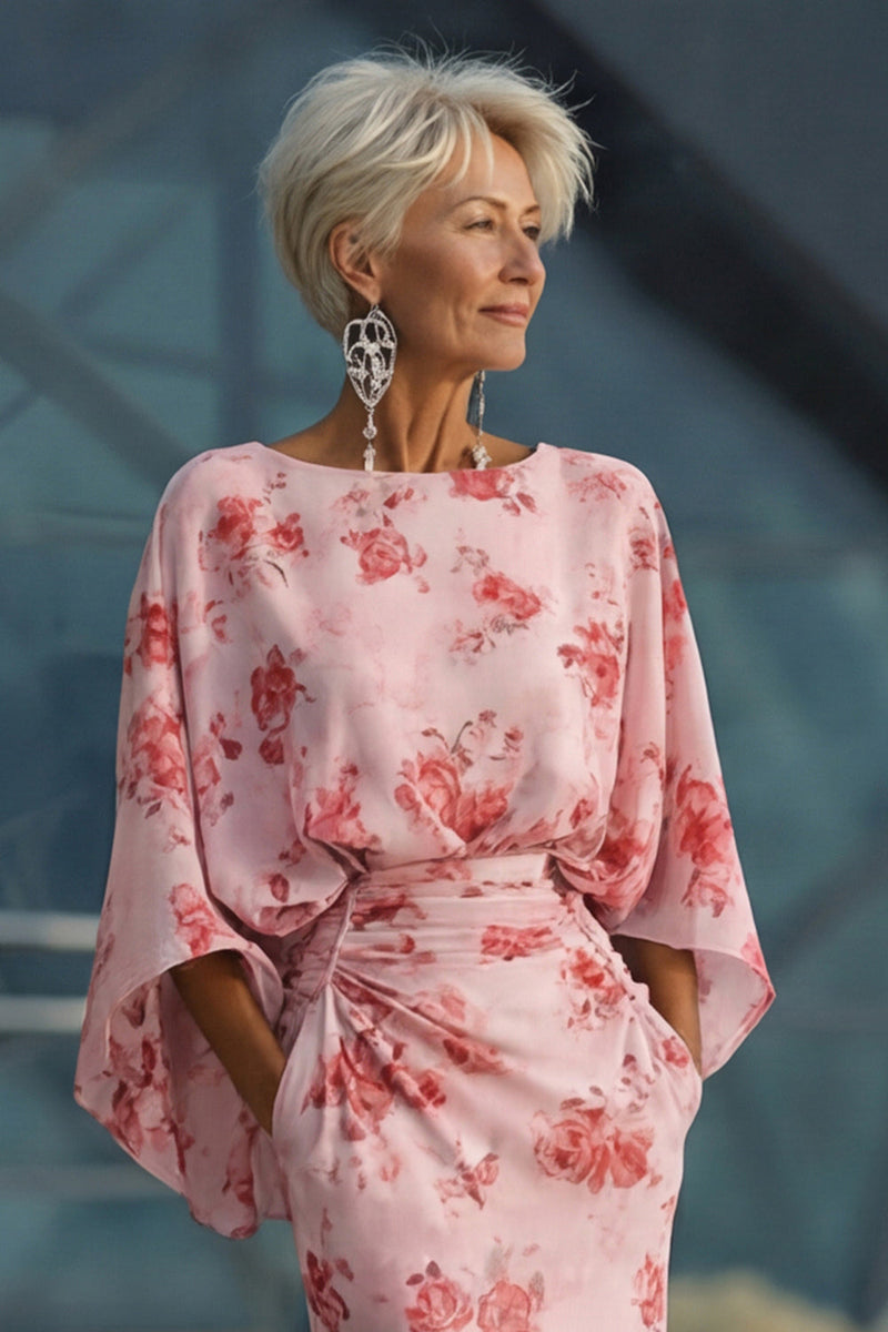Laden Sie das Bild in den Galerie-Viewer, Dusty Rose Blumen Chiffon Mutter der Braut Kleid mit ausgestellten Ärmeln