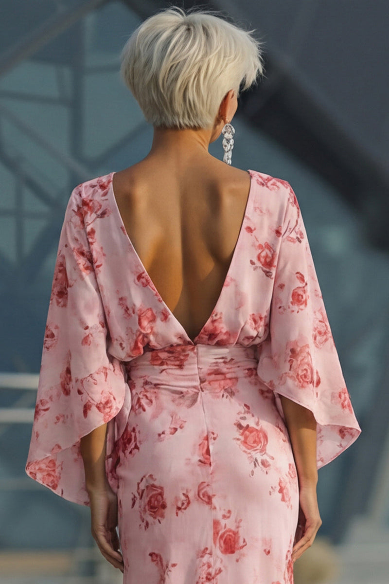 Laden Sie das Bild in den Galerie-Viewer, Dusty Rose Blumen Chiffon Mutter der Braut Kleid mit ausgestellten Ärmeln