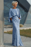 Laden Sie das Bild in den Galerie-Viewer, Staubiges Blaues Geblumiges Scheiden Gerafftes Mutter der Braut Kleid mit ausgestellten Ärmeln