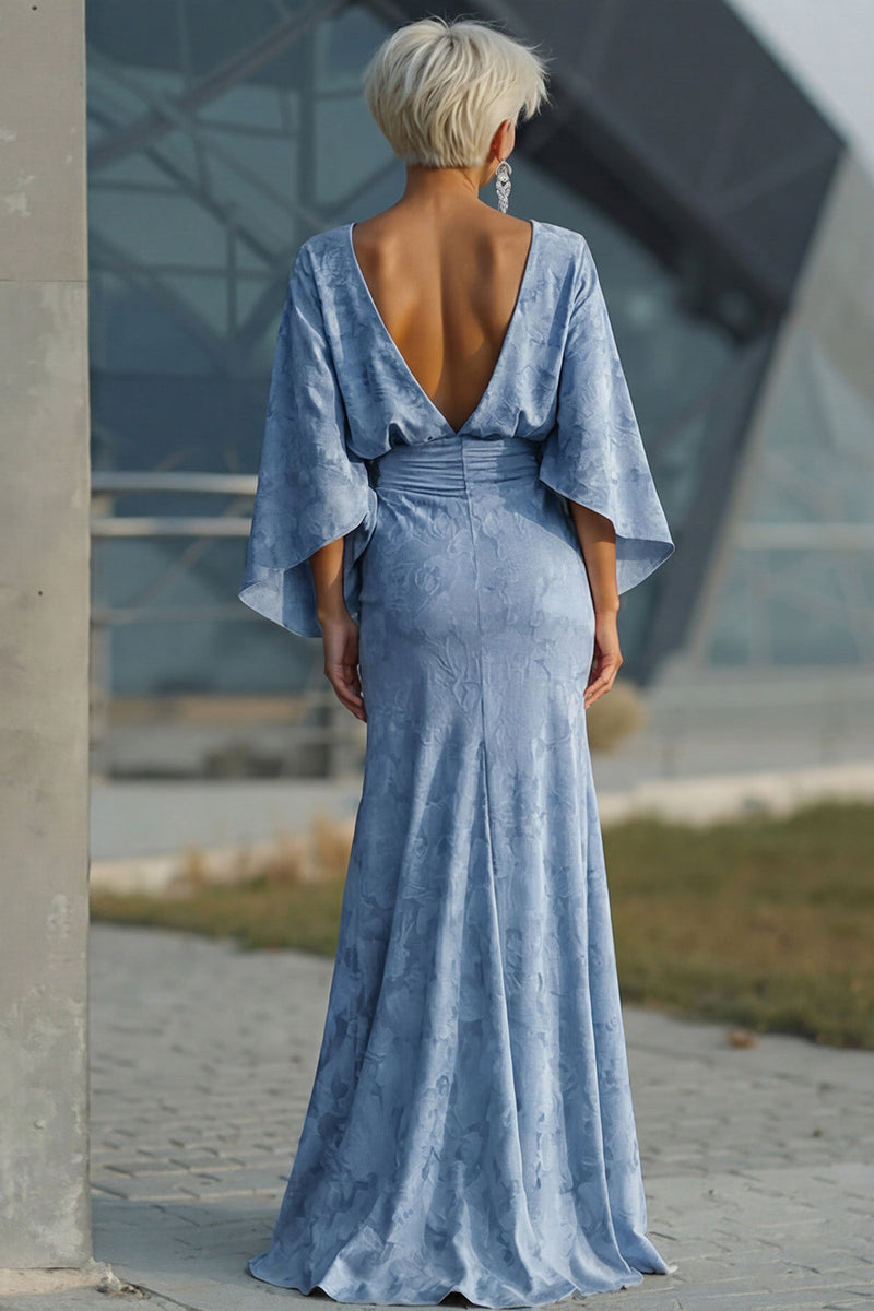 Laden Sie das Bild in den Galerie-Viewer, Staubiges Blaues Geblumiges Scheiden Gerafftes Mutter der Braut Kleid mit ausgestellten Ärmeln