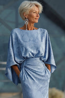 Laden Sie das Bild in den Galerie-Viewer, Staubiges Blaues Geblumiges Scheiden Gerafftes Mutter der Braut Kleid mit ausgestellten Ärmeln