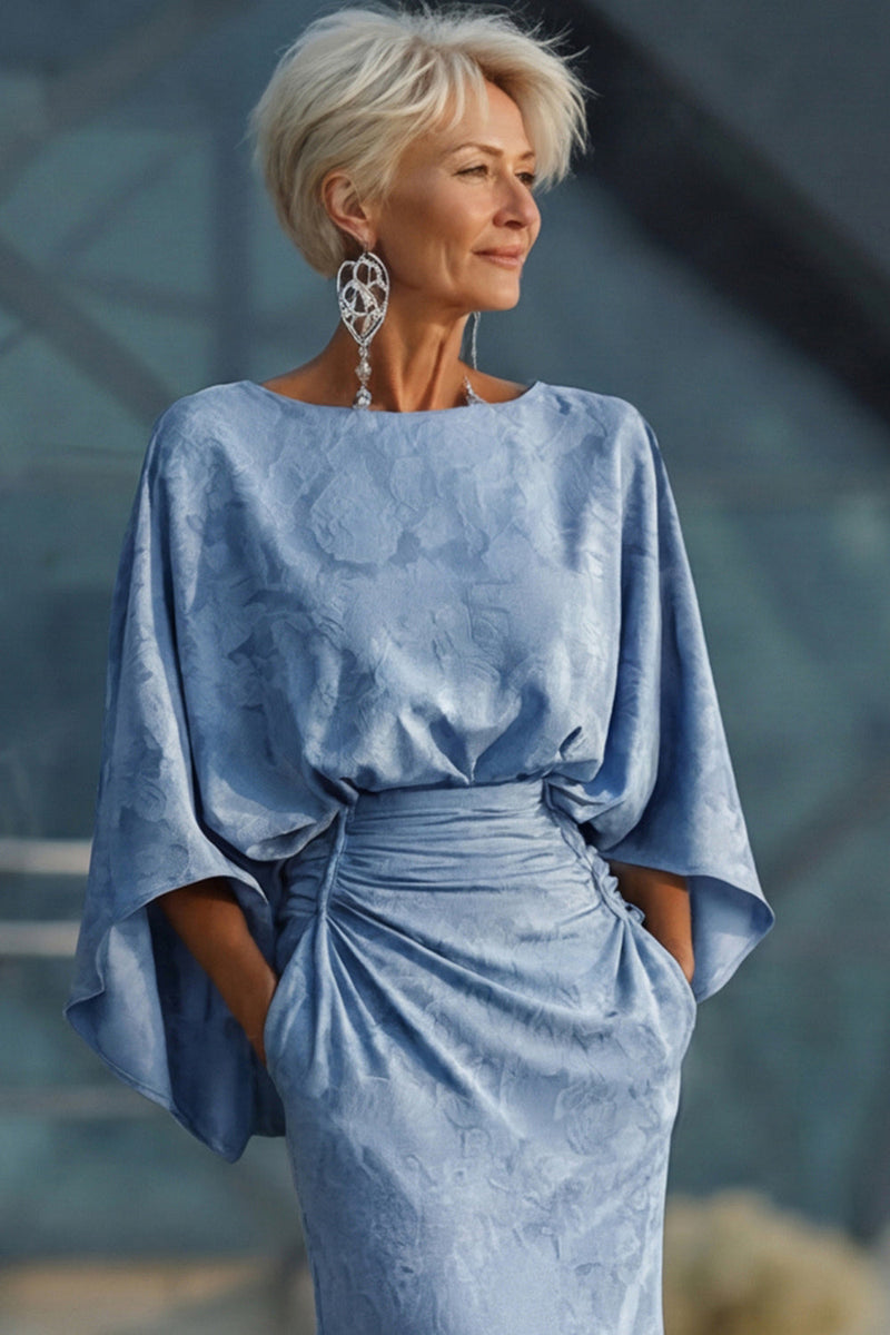 Laden Sie das Bild in den Galerie-Viewer, Staubiges Blaues Geblumiges Scheiden Gerafftes Mutter der Braut Kleid mit ausgestellten Ärmeln