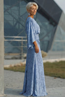 Laden Sie das Bild in den Galerie-Viewer, Staubiges Blaues Geblumiges Scheiden Gerafftes Mutter der Braut Kleid mit ausgestellten Ärmeln