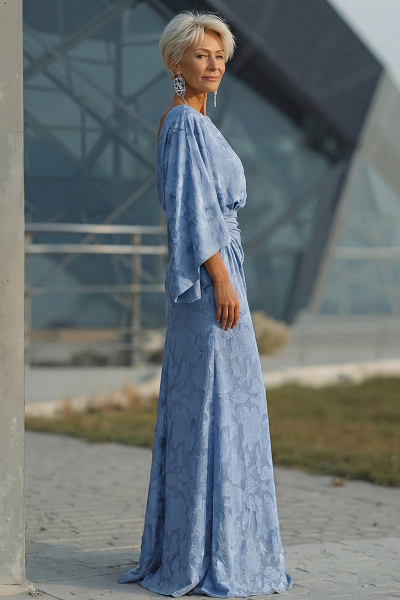 Laden Sie das Bild in den Galerie-Viewer, Staubiges Blaues Geblumiges Scheiden Gerafftes Mutter der Braut Kleid mit ausgestellten Ärmeln