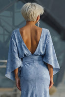 Laden Sie das Bild in den Galerie-Viewer, Staubiges Blaues Geblumiges Scheiden Gerafftes Mutter der Braut Kleid mit ausgestellten Ärmeln