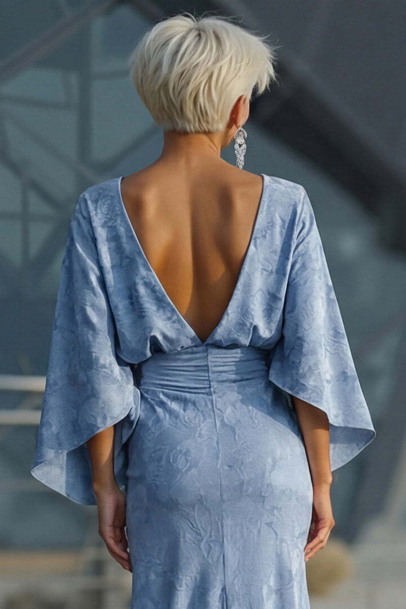 Laden Sie das Bild in den Galerie-Viewer, Staubiges Blaues Geblumiges Scheiden Gerafftes Mutter der Braut Kleid mit ausgestellten Ärmeln