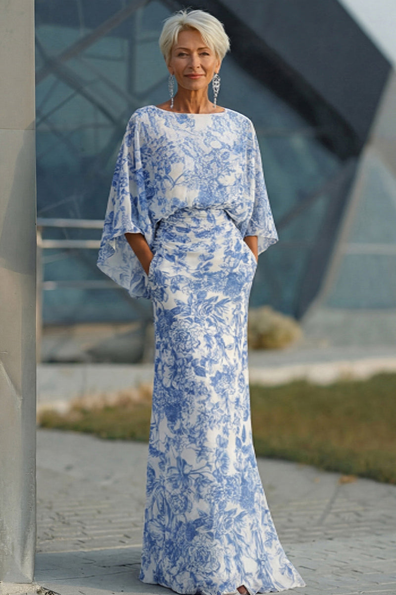 Laden Sie das Bild in den Galerie-Viewer, Blaues Blumen Scheide Mutter der Braut Kleid mit ausgestellten Ärmeln