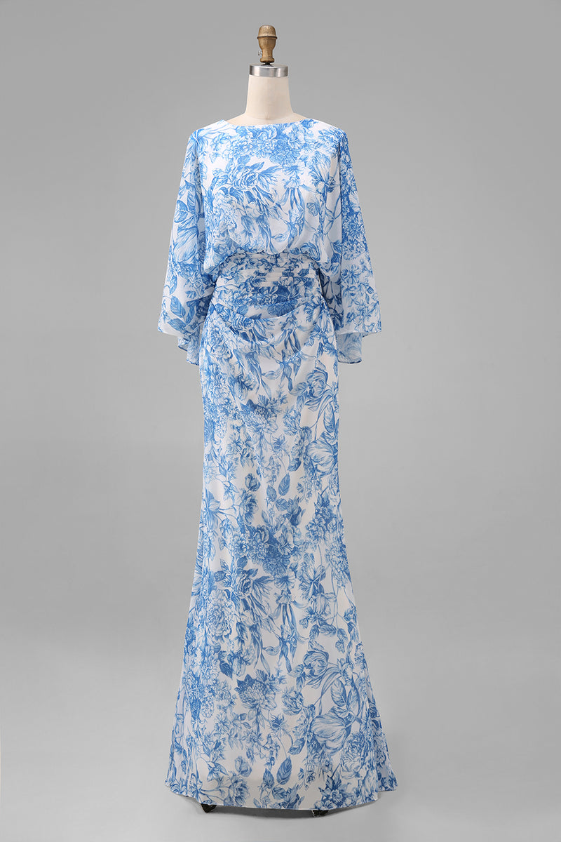 Laden Sie das Bild in den Galerie-Viewer, Blaues Blumen Scheide Mutter der Braut Kleid mit ausgestellten Ärmeln