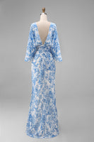 Laden Sie das Bild in den Galerie-Viewer, Blaues Blumen Scheide Mutter der Braut Kleid mit ausgestellten Ärmeln