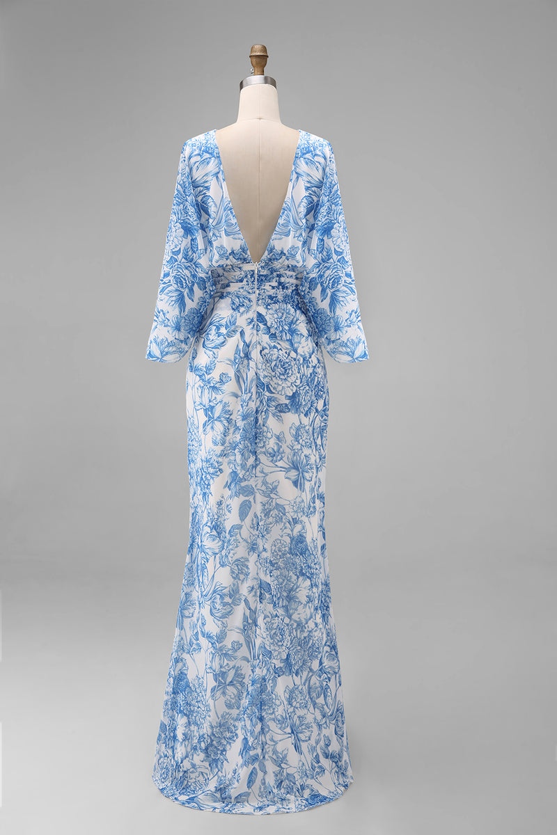 Laden Sie das Bild in den Galerie-Viewer, Blaues Blumen Scheide Mutter der Braut Kleid mit ausgestellten Ärmeln