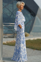 Laden Sie das Bild in den Galerie-Viewer, Blaues Blumen Scheide Mutter der Braut Kleid mit ausgestellten Ärmeln