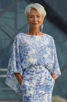 Laden Sie das Bild in den Galerie-Viewer, Blaues Blumen Scheide Mutter der Braut Kleid mit ausgestellten Ärmeln