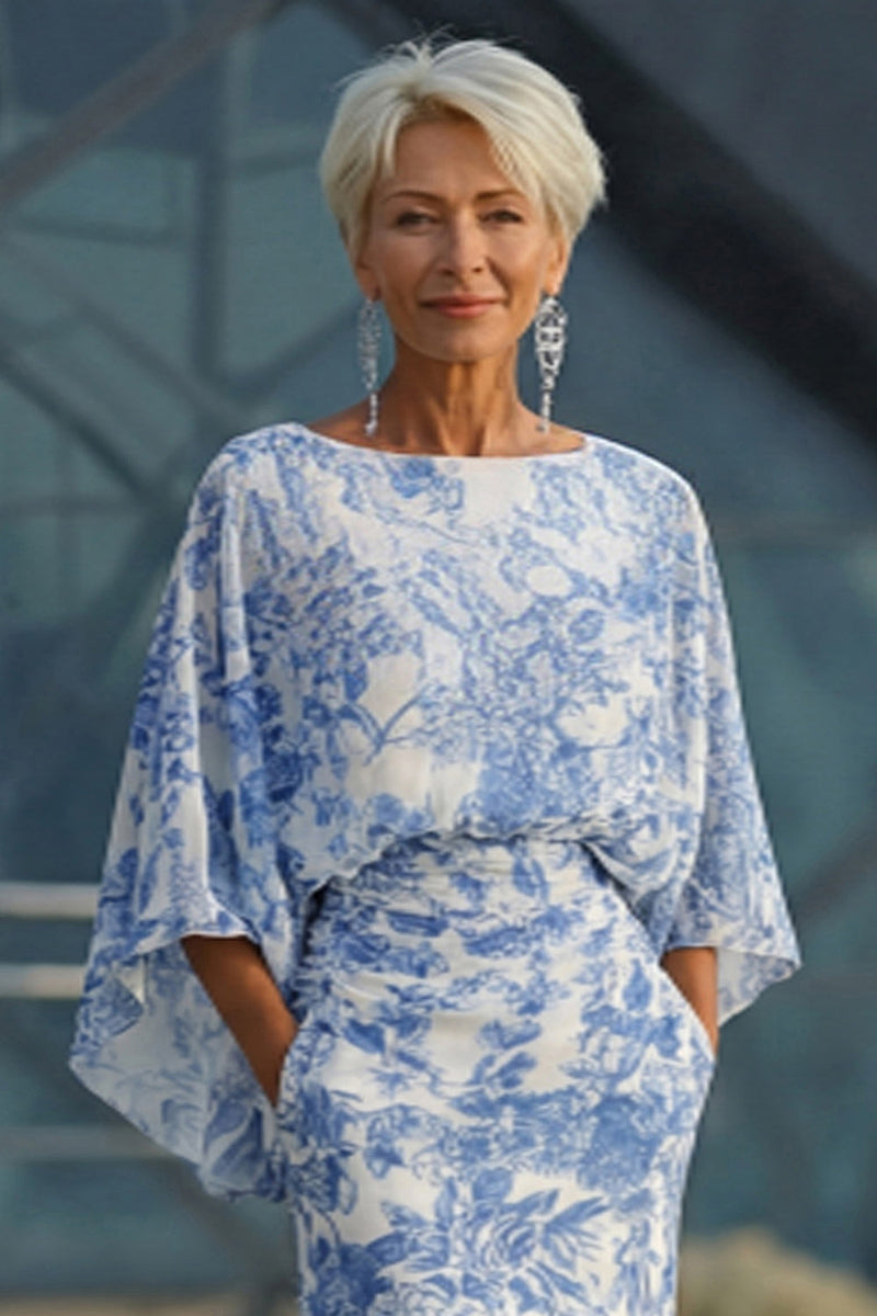 Laden Sie das Bild in den Galerie-Viewer, Blaues Blumen Scheide Mutter der Braut Kleid mit ausgestellten Ärmeln