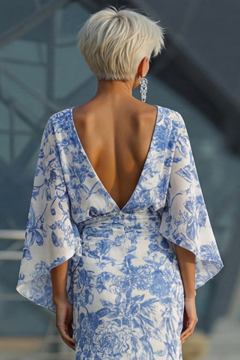 Laden Sie das Bild in den Galerie-Viewer, Blaues Blumen Scheide Mutter der Braut Kleid mit ausgestellten Ärmeln