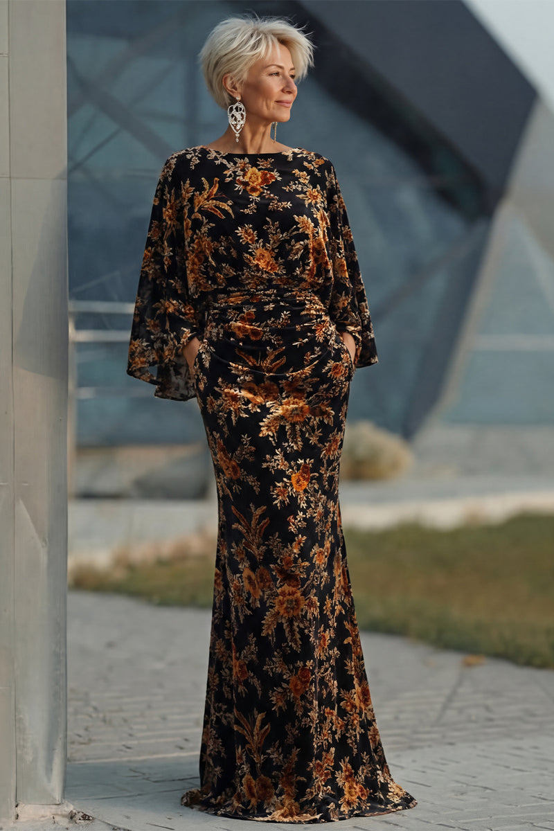 Laden Sie das Bild in den Galerie-Viewer, Braunes Bedrucktes Scheide Gerafftes Mutter der Braut Kleid mit ausgestellten Ärmeln