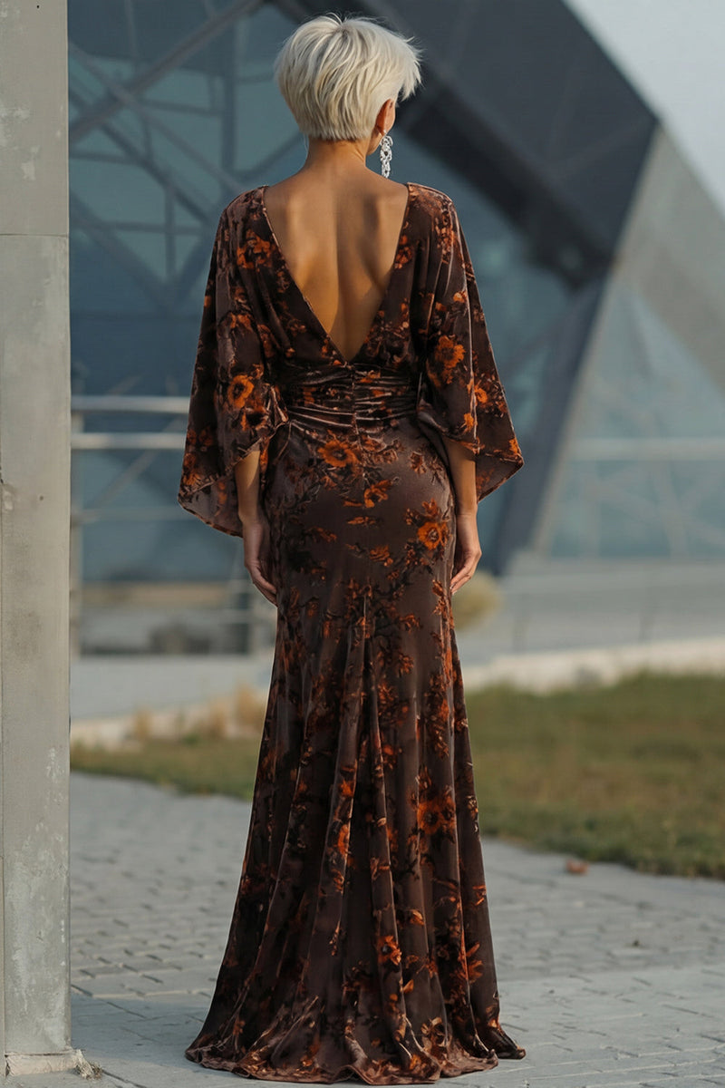 Laden Sie das Bild in den Galerie-Viewer, Braunes Bedrucktes Scheide Gerafftes Mutter der Braut Kleid mit ausgestellten Ärmeln