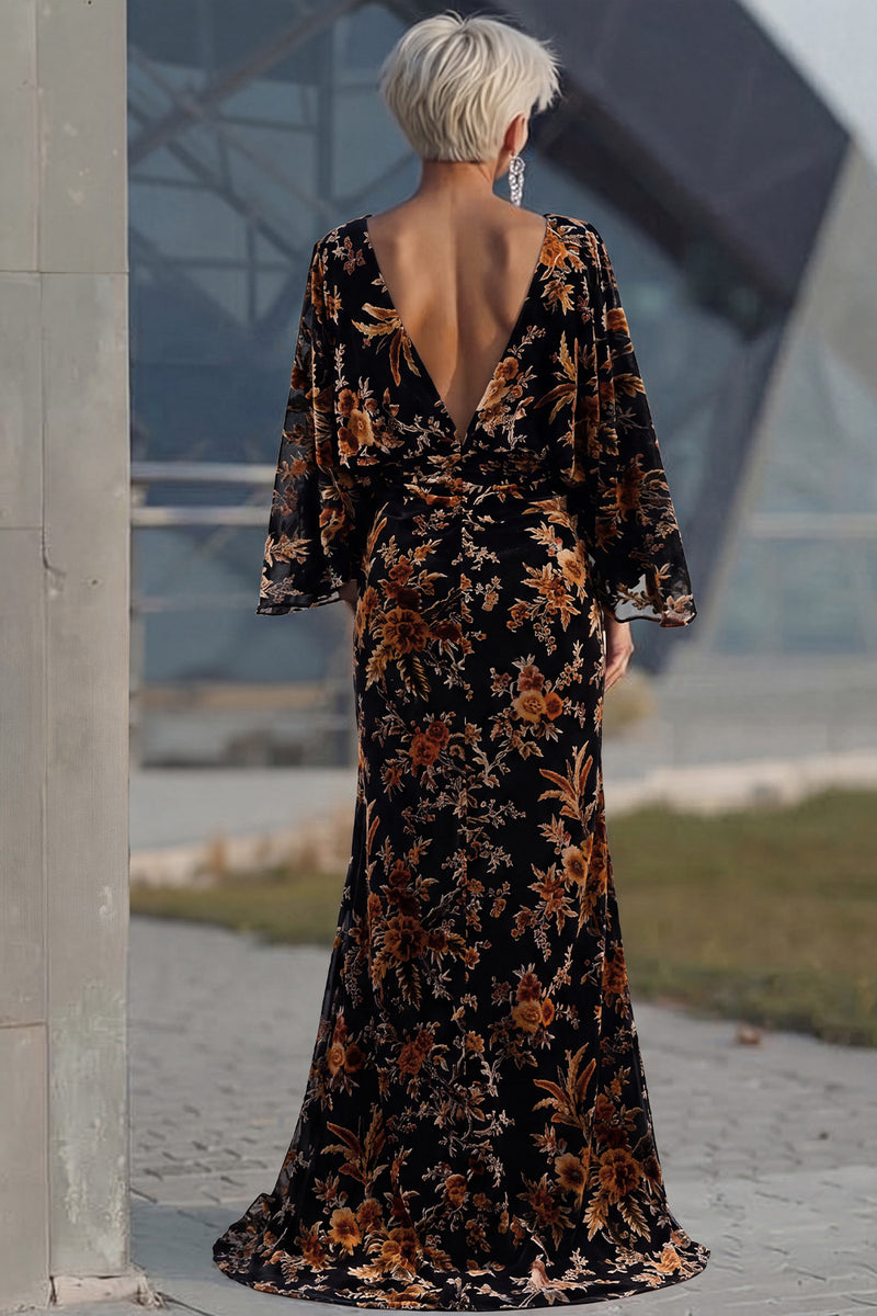 Laden Sie das Bild in den Galerie-Viewer, Braunes Bedrucktes Scheide Gerafftes Mutter der Braut Kleid mit ausgestellten Ärmeln