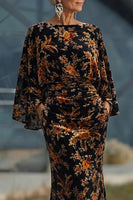 Laden Sie das Bild in den Galerie-Viewer, Braunes Bedrucktes Scheide Gerafftes Mutter der Braut Kleid mit ausgestellten Ärmeln