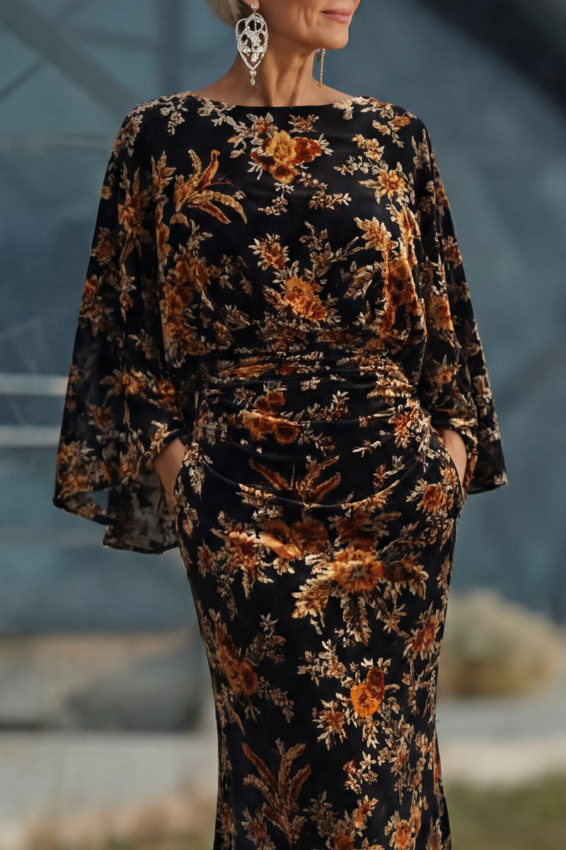 Laden Sie das Bild in den Galerie-Viewer, Braunes Bedrucktes Scheide Gerafftes Mutter der Braut Kleid mit ausgestellten Ärmeln