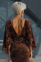 Laden Sie das Bild in den Galerie-Viewer, Braunes Bedrucktes Scheide Gerafftes Mutter der Braut Kleid mit ausgestellten Ärmeln
