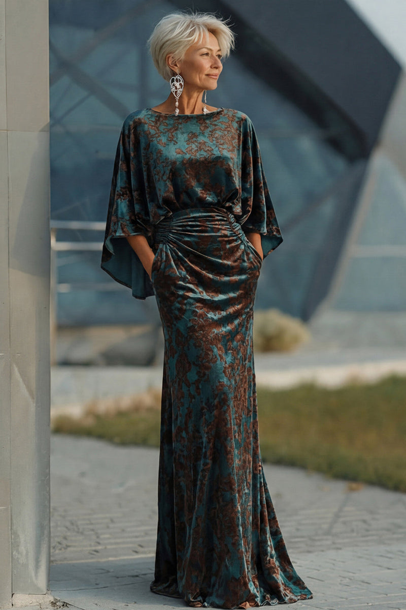 Laden Sie das Bild in den Galerie-Viewer, Dunkelgrünes Bedrucktes Scheide Mutter der Braut Kleid mit ausgestellten Ärmeln