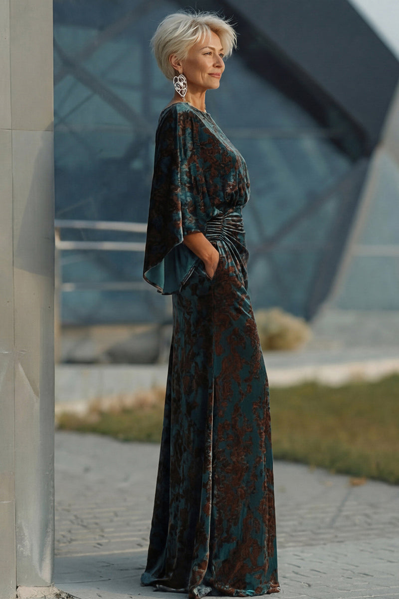 Laden Sie das Bild in den Galerie-Viewer, Dunkelgrünes Bedrucktes Scheide Mutter der Braut Kleid mit ausgestellten Ärmeln