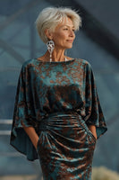Laden Sie das Bild in den Galerie-Viewer, Dunkelgrünes Bedrucktes Scheide Mutter der Braut Kleid mit ausgestellten Ärmeln