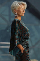 Laden Sie das Bild in den Galerie-Viewer, Dunkelgrünes Bedrucktes Scheide Mutter der Braut Kleid mit ausgestellten Ärmeln