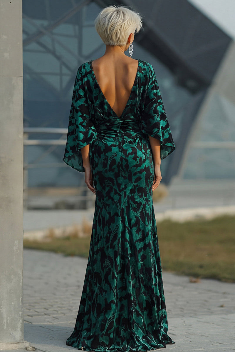 Laden Sie das Bild in den Galerie-Viewer, Pfauenblaues Bedrucktes Scheide Mutter der Braut Kleid mit ausgestellten Ärmeln