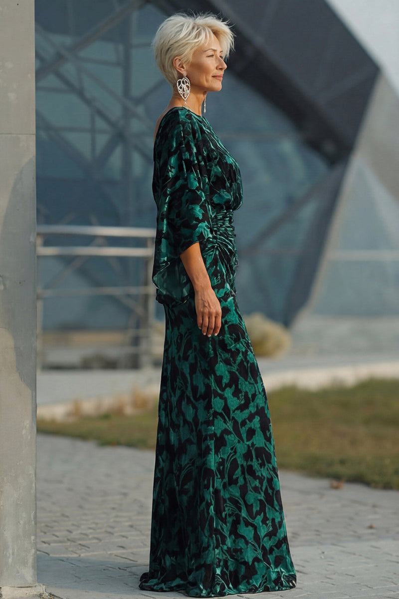Laden Sie das Bild in den Galerie-Viewer, Pfauenblaues Bedrucktes Scheide Mutter der Braut Kleid mit ausgestellten Ärmeln