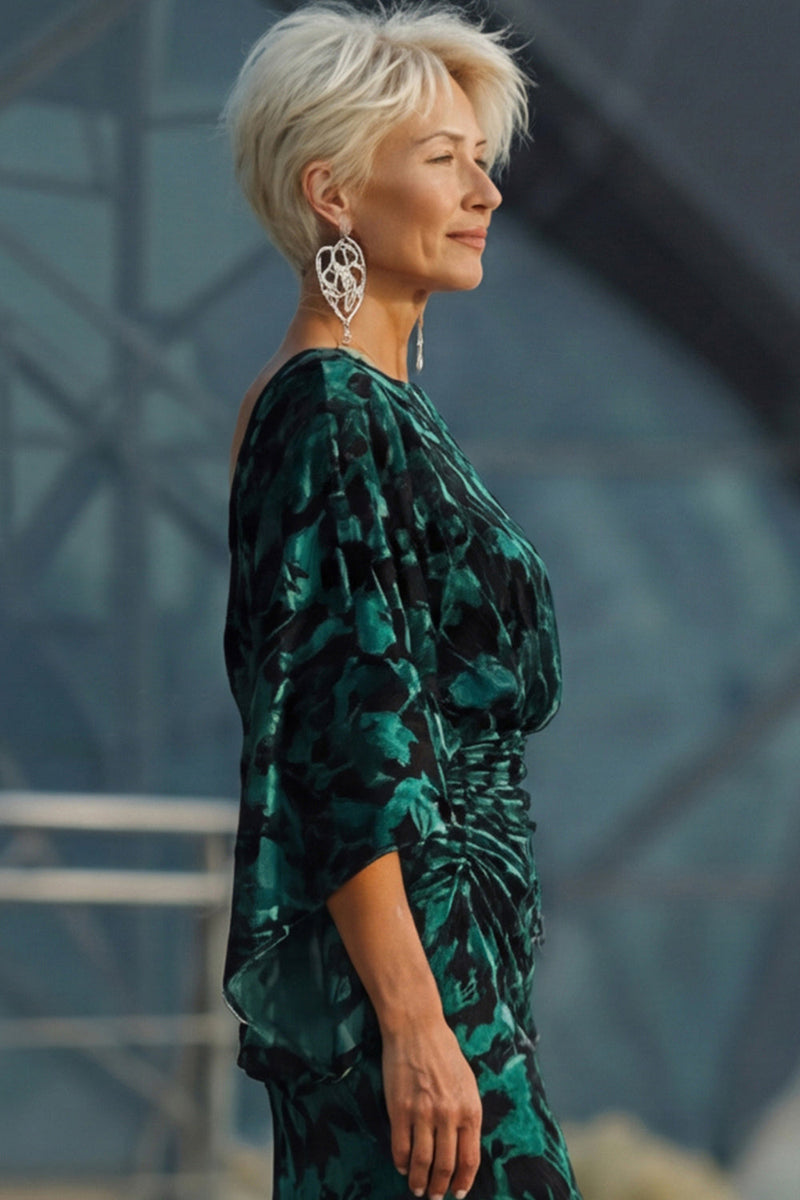 Laden Sie das Bild in den Galerie-Viewer, Pfauenblaues Bedrucktes Scheide Mutter der Braut Kleid mit ausgestellten Ärmeln
