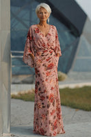 Laden Sie das Bild in den Galerie-Viewer, Dusty Rose Blumen V-Ausschnitt Scheide Mutter der Braut Kleid mit ausgestellten Ärmeln
