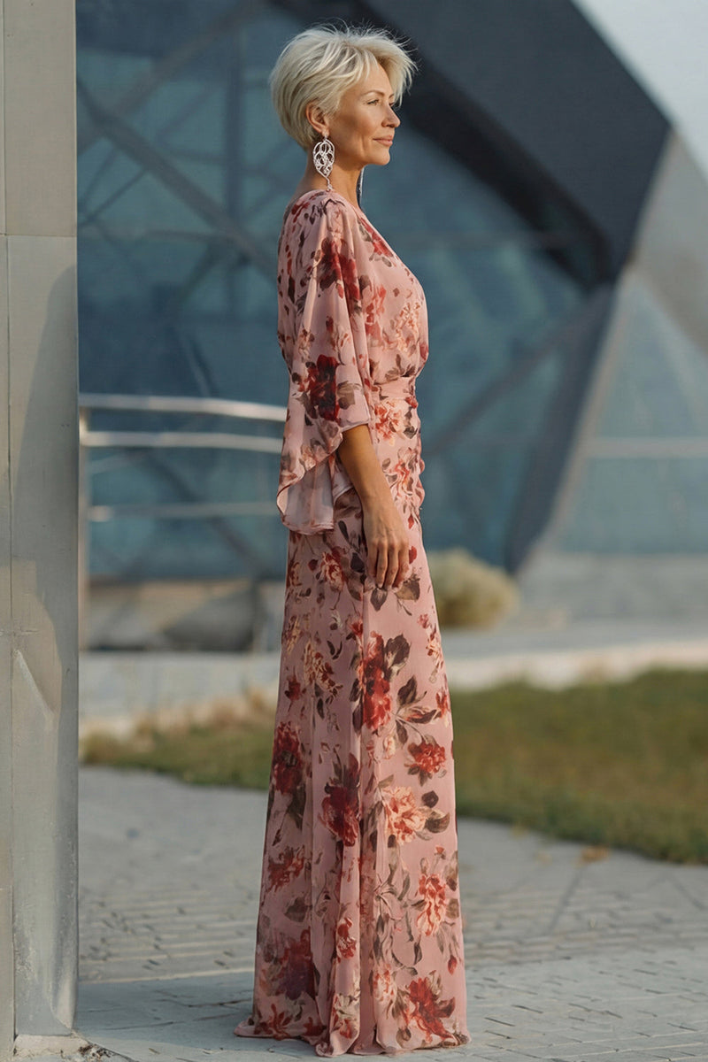 Laden Sie das Bild in den Galerie-Viewer, Dusty Rose Blumen V-Ausschnitt Scheide Mutter der Braut Kleid mit ausgestellten Ärmeln