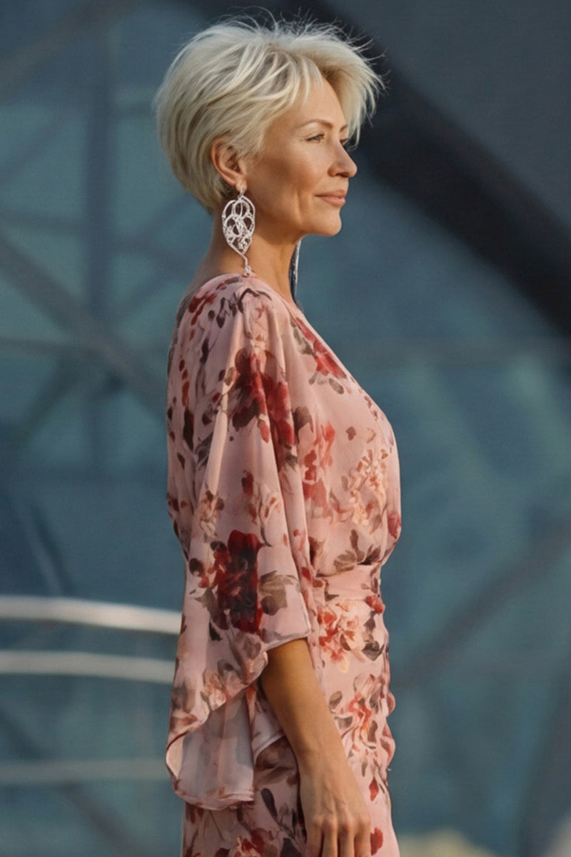 Laden Sie das Bild in den Galerie-Viewer, Dusty Rose Blumen V-Ausschnitt Scheide Mutter der Braut Kleid mit ausgestellten Ärmeln