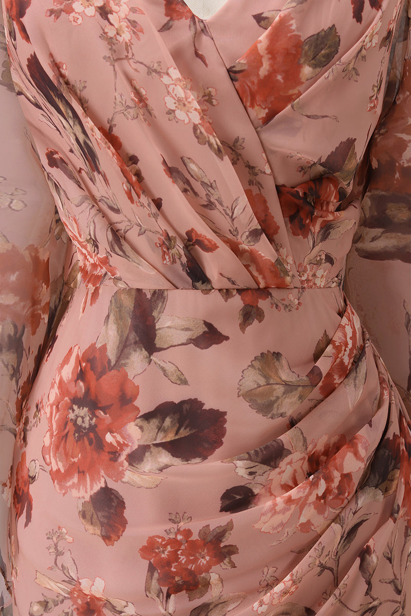 Laden Sie das Bild in den Galerie-Viewer, Dusty Rose Blumen V-Ausschnitt Scheide Mutter der Braut Kleid mit ausgestellten Ärmeln