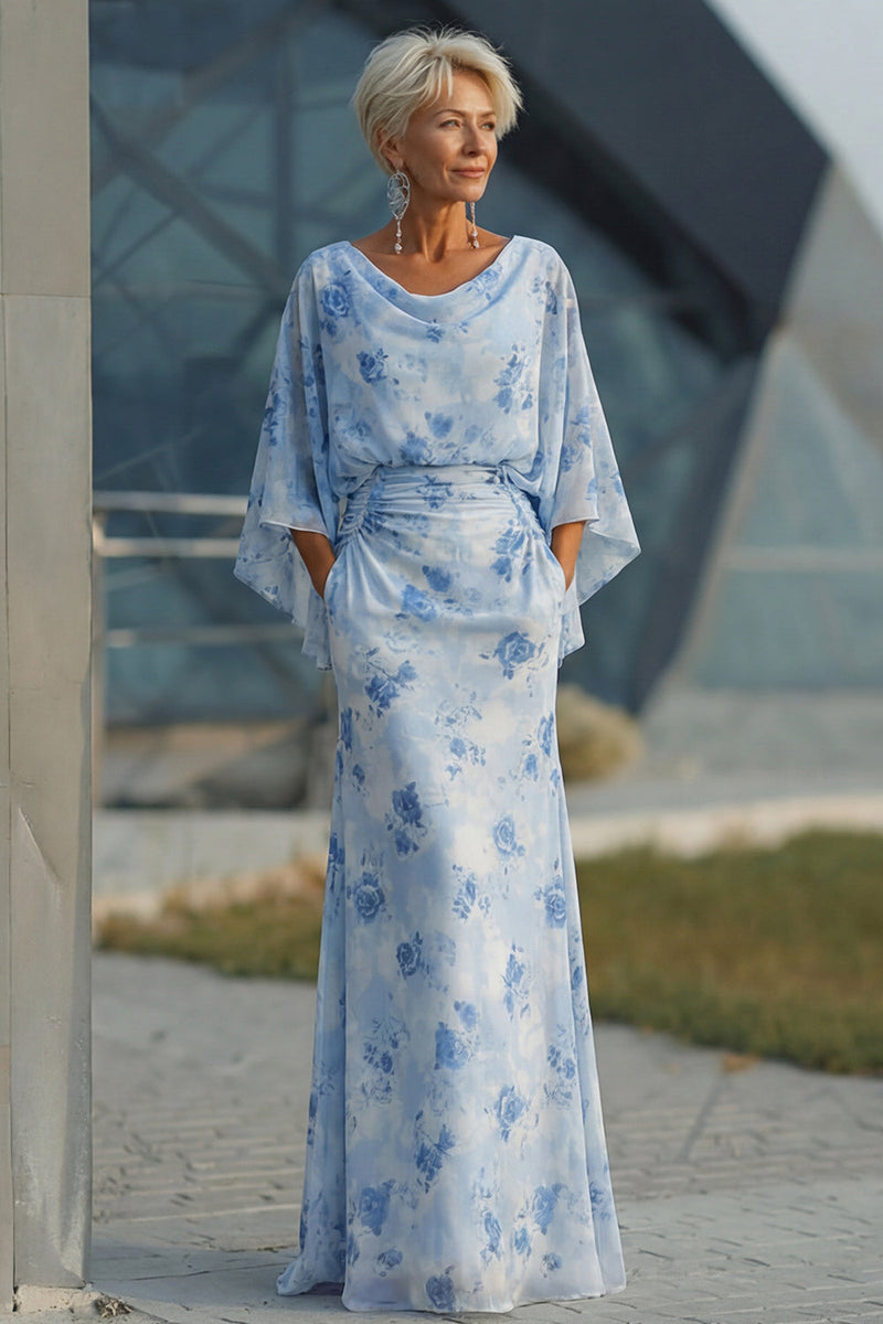 Laden Sie das Bild in den Galerie-Viewer, Hellblaues Bedrucktes Scheide Kleid der Mutter der Braut mit ausgestellten Ärmeln