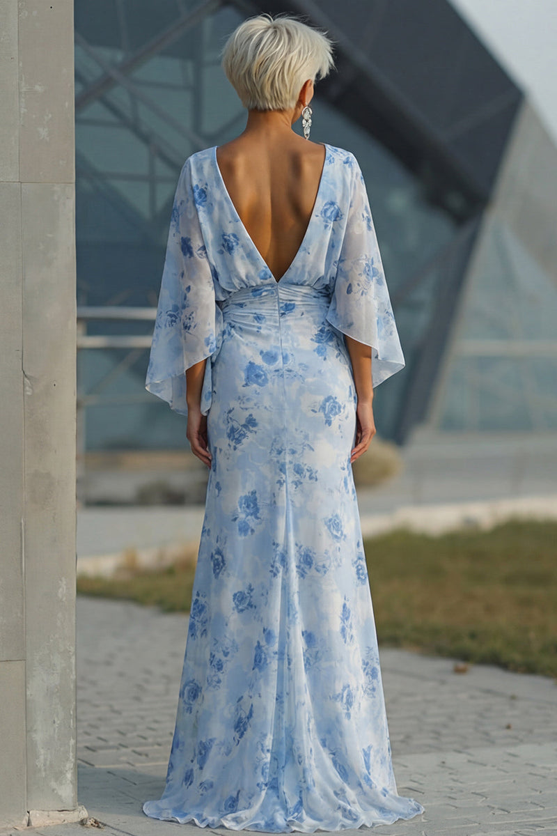 Laden Sie das Bild in den Galerie-Viewer, Hellblaues Bedrucktes Scheide Kleid der Mutter der Braut mit ausgestellten Ärmeln