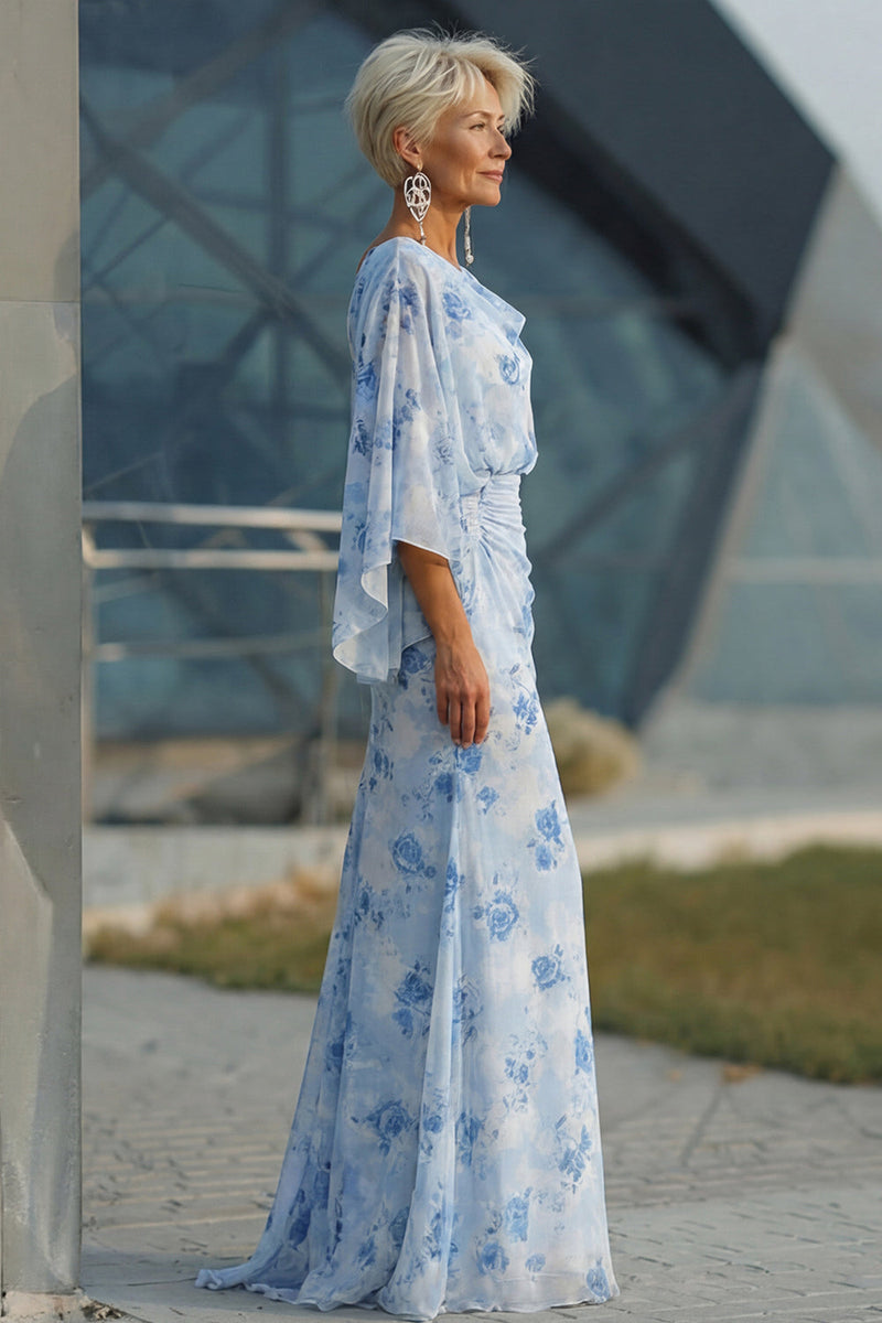 Laden Sie das Bild in den Galerie-Viewer, Hellblaues Bedrucktes Scheide Kleid der Mutter der Braut mit ausgestellten Ärmeln