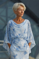 Laden Sie das Bild in den Galerie-Viewer, Hellblaues Bedrucktes Scheide Kleid der Mutter der Braut mit ausgestellten Ärmeln