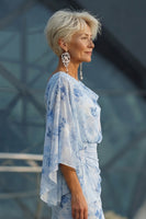 Laden Sie das Bild in den Galerie-Viewer, Hellblaues Bedrucktes Scheide Kleid der Mutter der Braut mit ausgestellten Ärmeln