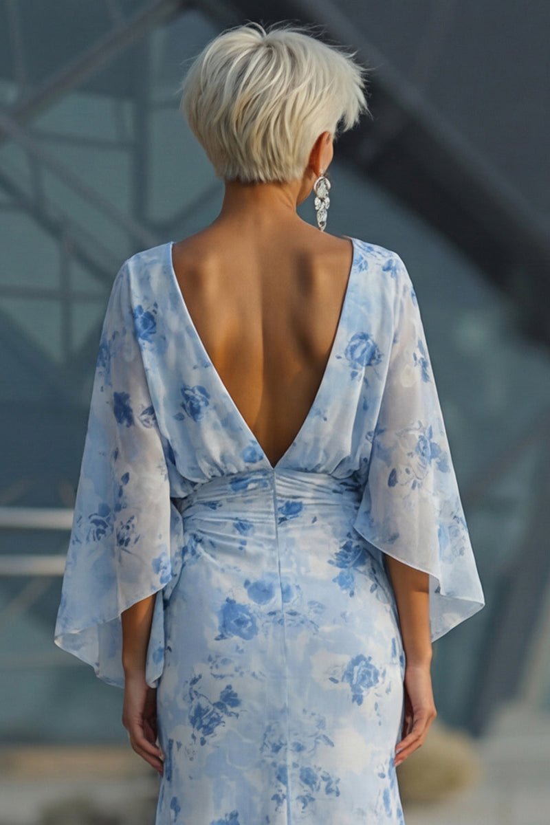 Laden Sie das Bild in den Galerie-Viewer, Hellblaues Bedrucktes Scheide Kleid der Mutter der Braut mit ausgestellten Ärmeln
