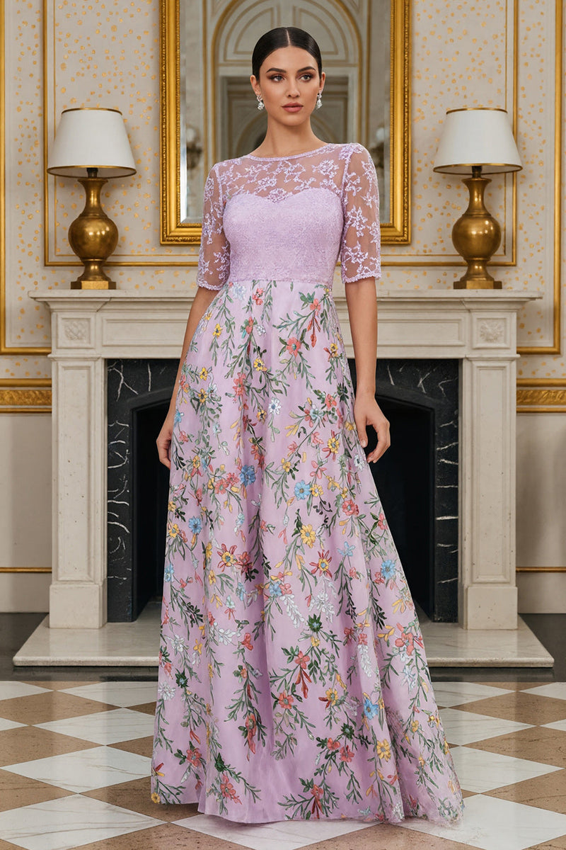 Laden Sie das Bild in den Galerie-Viewer, Flieder A-Linie Geblümte Halbärmel Langes Mutter der Braut Kleid mit Stickerei