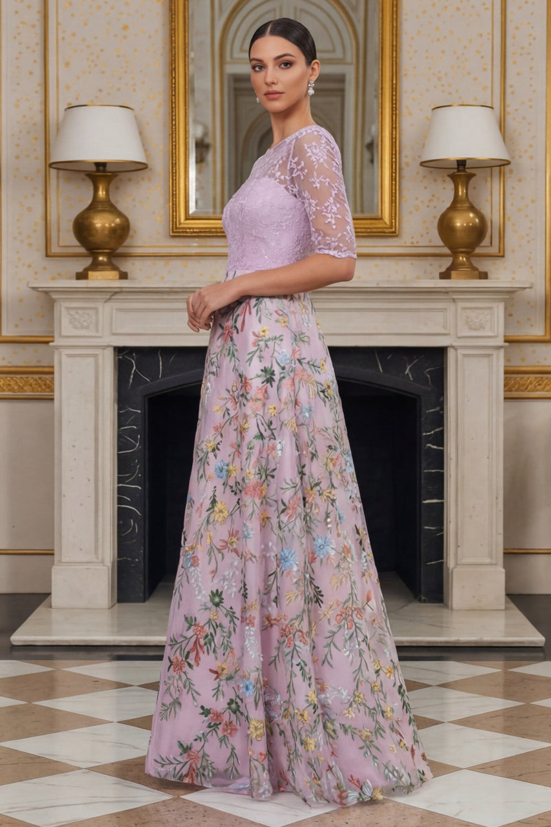 Laden Sie das Bild in den Galerie-Viewer, Flieder A-Linie Geblümte Halbärmel Langes Mutter der Braut Kleid mit Stickerei