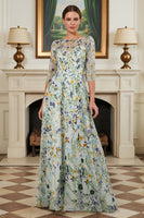 Laden Sie das Bild in den Galerie-Viewer, Grünes Blumen A-Linie Besticktes Langes Mutter der Braut Kleid mit 3/4 Ärmeln
